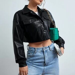 Black Lightweight Cropped Faux Leather Jacket | Medium